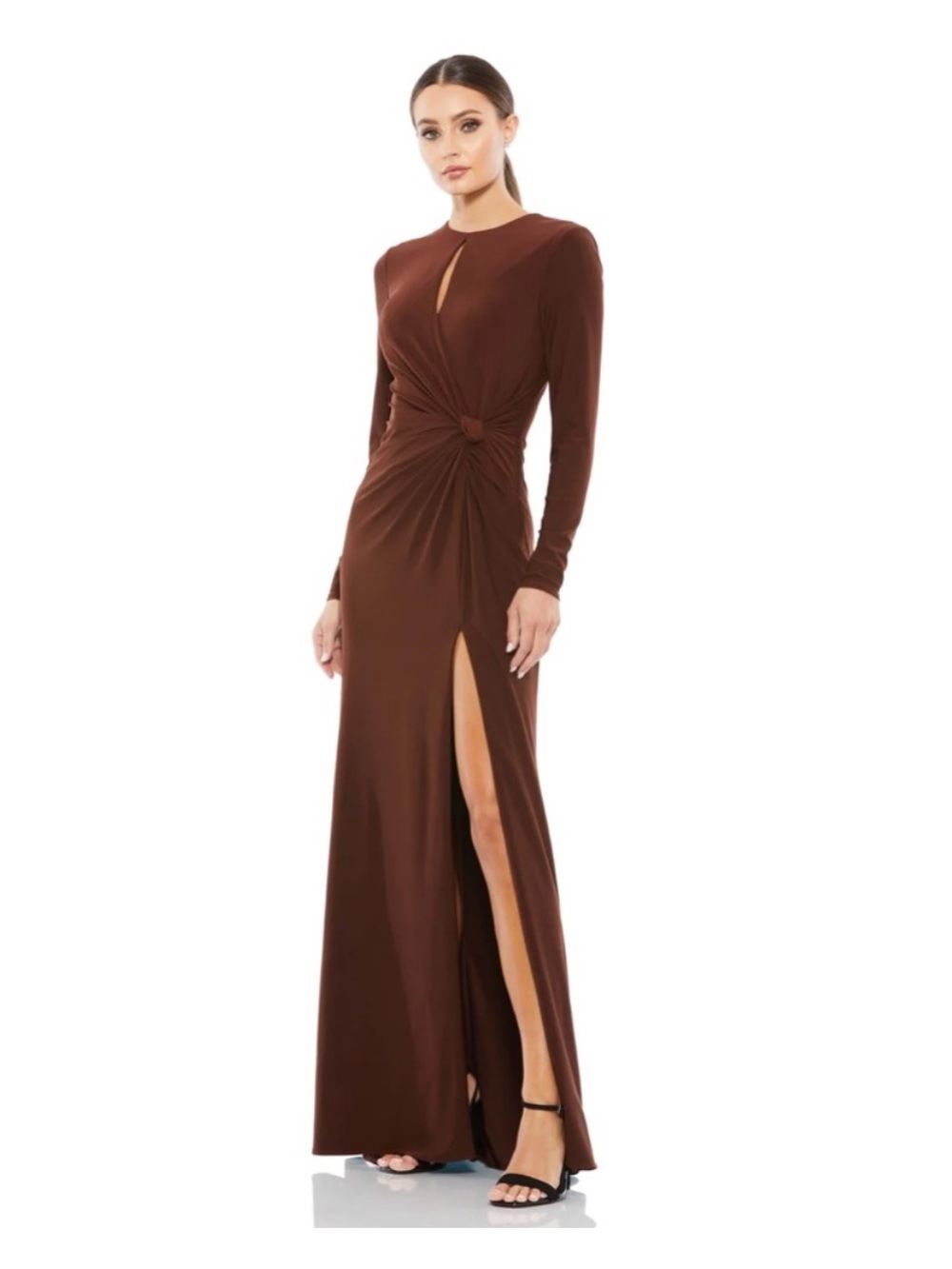 Ieena for Mac Duggal Keyhole Draped Gown Twist-Knot Long Sleeve Maxi Dress Brown